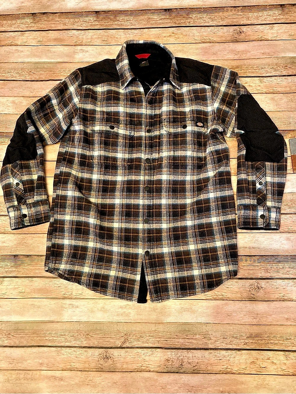 Dickies Plaid Work Shirt in Brown & Black Size Medium Shacket Jacket elbow patch